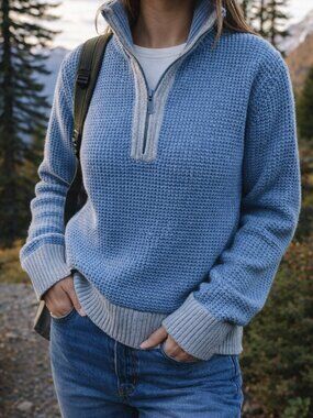 Patagonia Waffle Knit Quarter Zip Sweater Blue Organic Cotton M Gorpcore